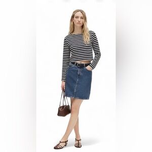 J. Crew Black/White Striped Cropped Boatneck T-shirt In Mariner Size XS Coastal